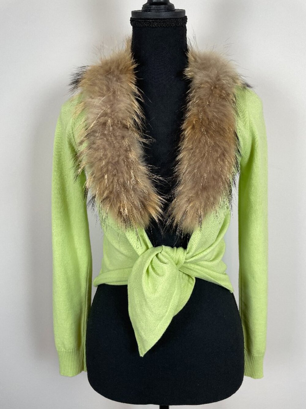 Bebe Made in Italy Lime Green Plush Collar Tie Front Cardigan M